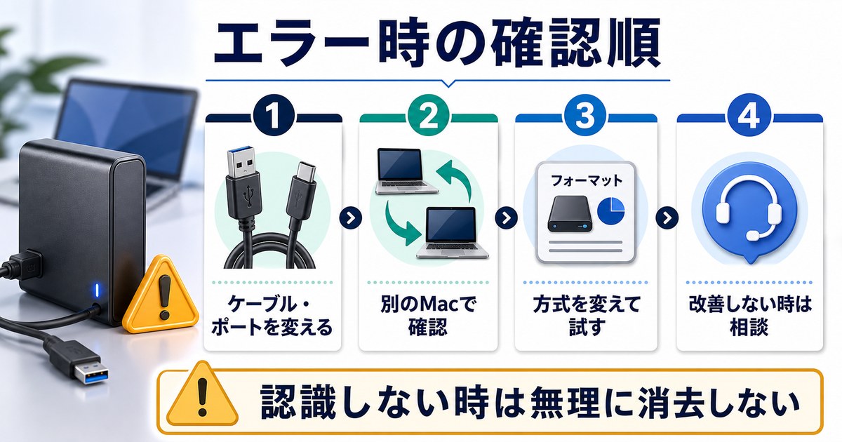ケーブルやポート、別のMac、方式変更、サポート相談の順で外付けHDDのエラーを確認する図