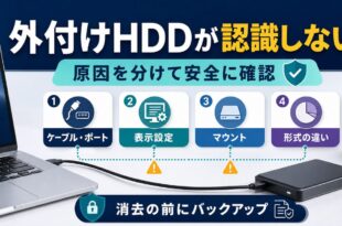 外付けHDDが認識しない時にケーブル表示設定マウント形式バックアップを順に確認する図解