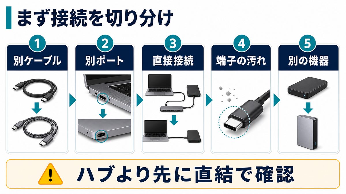 別ケーブル別ポート直接接続端子の汚れ別の機器で外付けHDDの接続を切り分ける図解