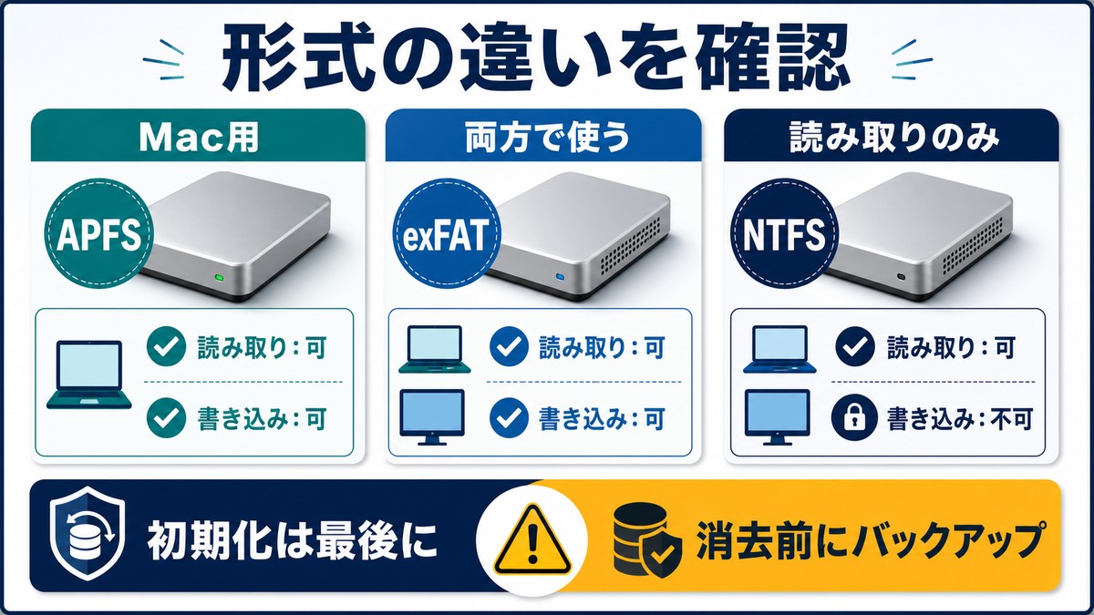 APFS exFAT NTFSの形式差と読み書き可否を確認し消去前にバックアップする図解