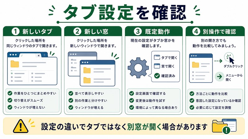 新しいタブ、新しい窓、既定動作、別操作確認を整理した日本語図解