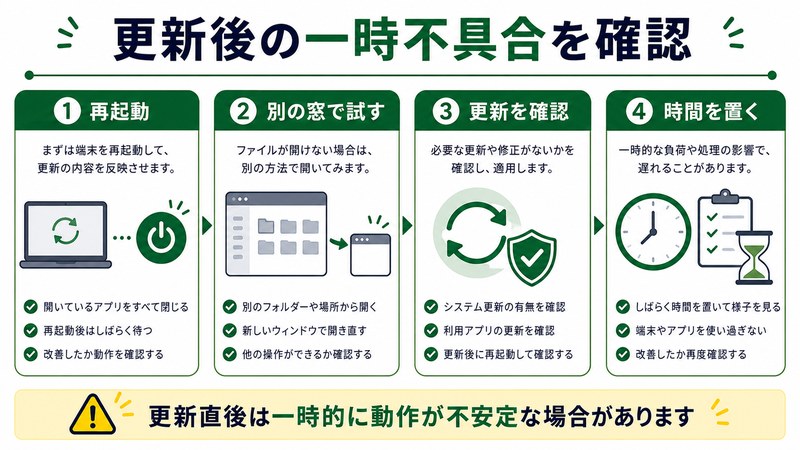 再起動、別の窓、更新確認、時間を置く確認を整理した日本語図解