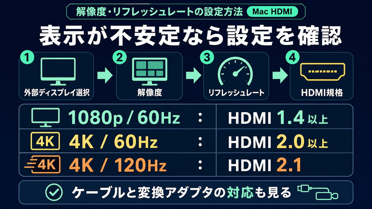 MacのHDMI接続で外部ディスプレイ選択解像度リフレッシュレートHDMI規格を確認する図解