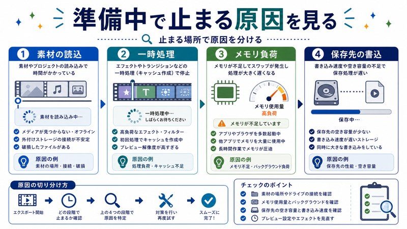 素材の読込、一時処理、メモリ負荷、保存先書込を整理した日本語図解