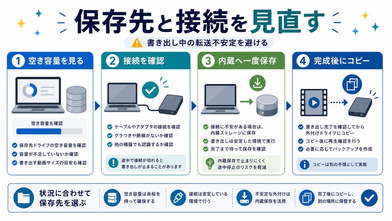 空き容量確認、接続確認、内蔵保存、完成後コピーを整理した日本語図解