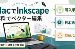 MacでInkscapeを使い始めるために導入手順、日本語化、起動しない時の確認順を示すアイキャッチ画像