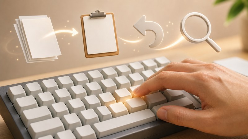 コピー、貼り付け、取り消し、検索の流れを無文字アイコンで整理した日本語図解