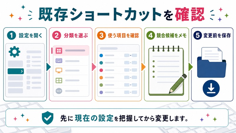 設定を開き、分類を選び、使う項目を確認し、競合候補をメモして変更前を保存する流れを示す日本語図解
