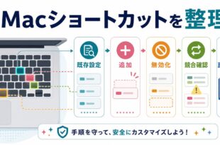 Macのショートカットを既存設定、追加、無効化、競合確認、戻せる記録の流れで整理する日本語アイキャッチ画像