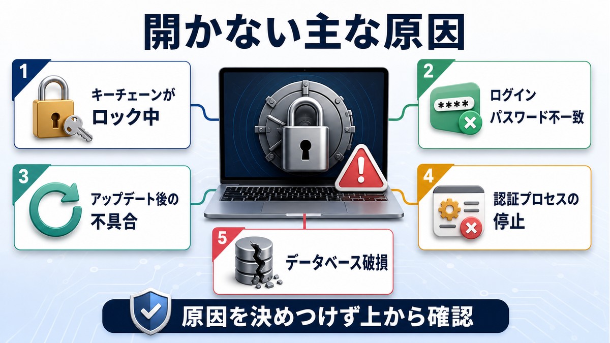 キーチェーンAccessが開かない原因をロック状態やパスワード不一致などに分けた図