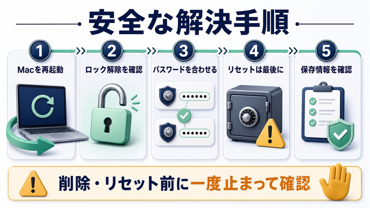 キーチェーンAccessを再起動、ロック解除、パスワード確認、リセット前確認の順で直す流れ