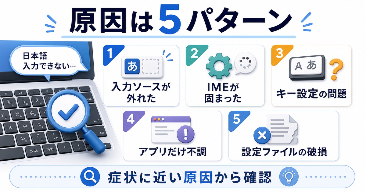 Macで日本語入力できない原因として入力ソース、IME停止、キー設定、アプリ別不調、設定ファイル破損を確認する図