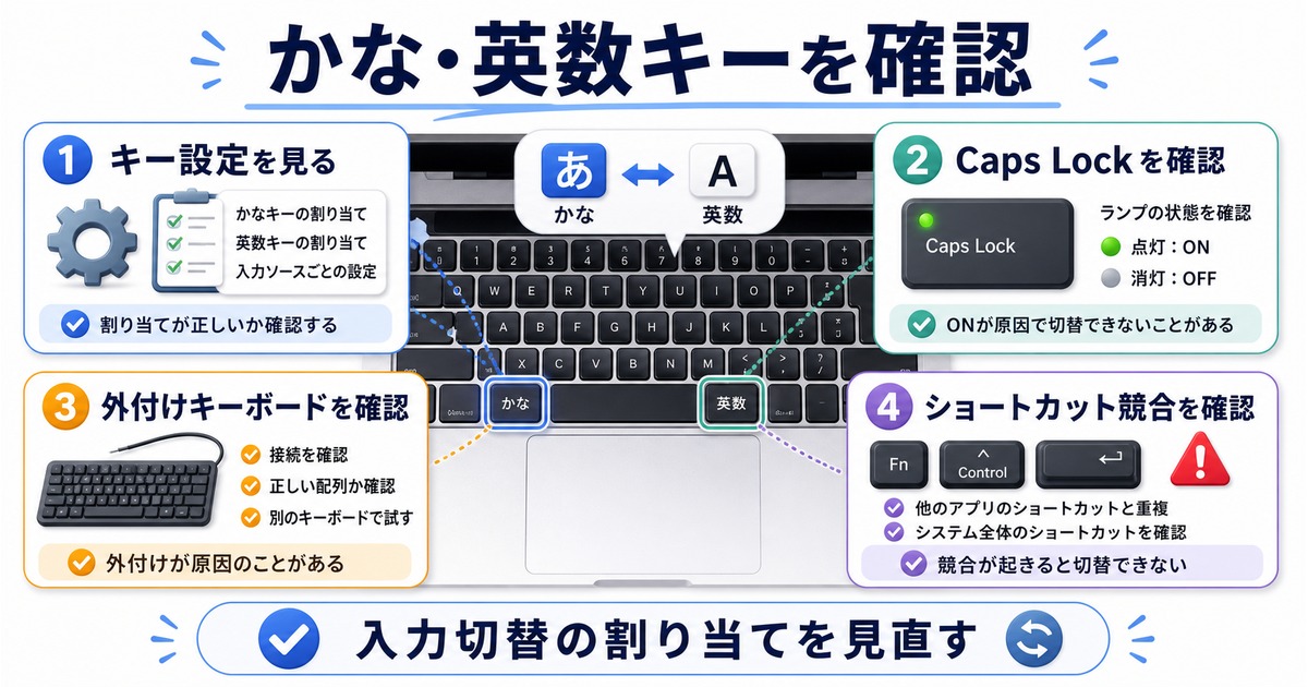 Macでかな英数キーが反応しない時にキー設定、Caps Lock、外付けキーボード、ショートカット競合を確認する図