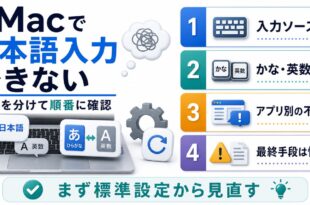 Macで日本語入力できない時に入力ソース、かな英数キー、アプリ別不具合、最終手段を順に確認する図解