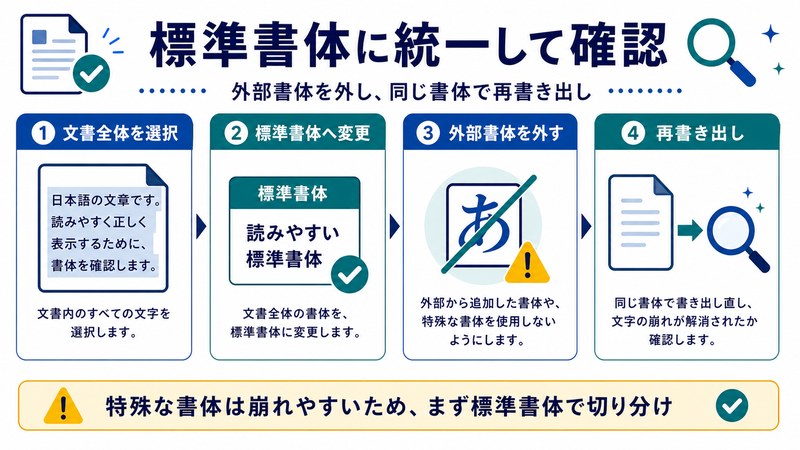 文書全体の選択、標準書体への変更、外部書体の除外、再書き出しを整理した日本語図解