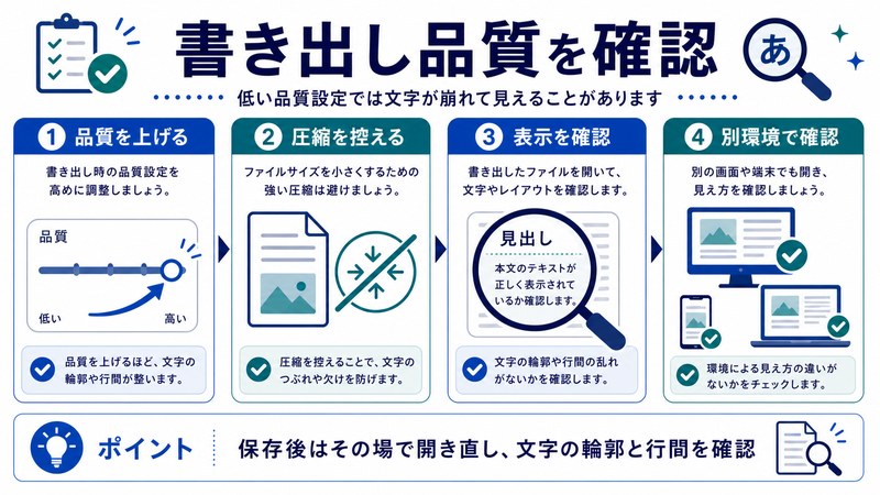品質を上げる、圧縮を控える、表示確認、別環境確認を整理した日本語図解