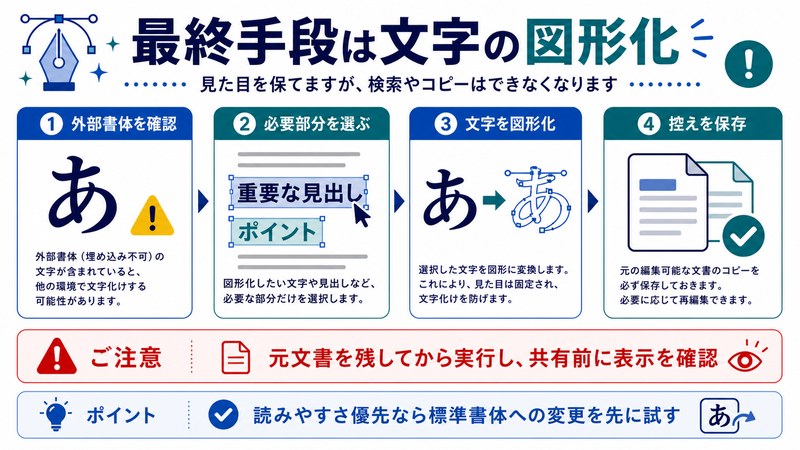 外部書体の確認、必要部分の選択、文字の図形化、控え保存を整理した日本語図解