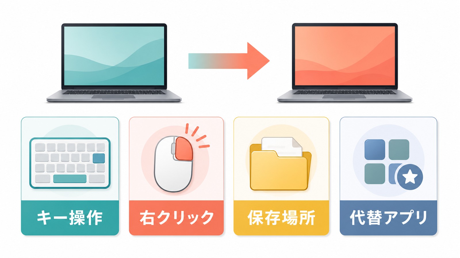 WindowsからMacへ乗り換えた時にキー操作右クリック保存場所代替アプリの違いでつまずきやすい点の図解