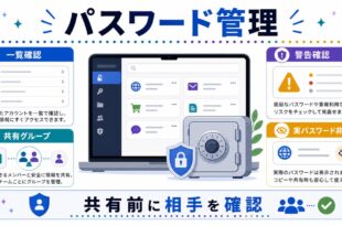 一覧確認、共有グループ、警告確認、実パスワード非表示を示し、共有前に相手を確認する日本語アイキャッチ画像