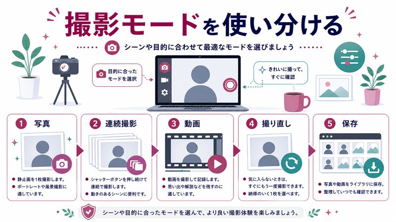 写真、連続撮影、動画、撮り直し、保存の流れを整理した日本語図解