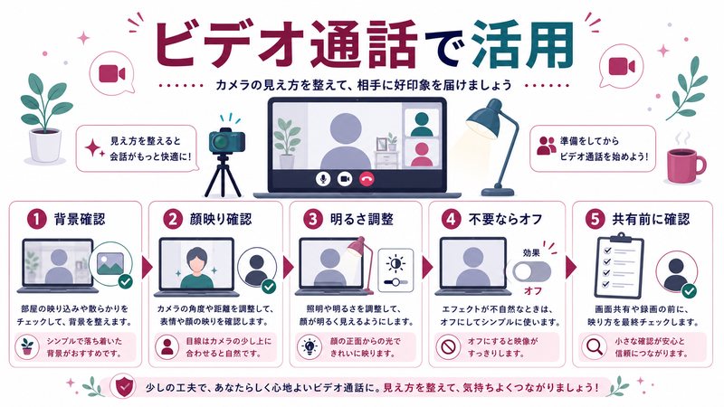 背景確認、顔映り確認、明るさ調整、不要時オフ、共有前確認を整理した日本語図解