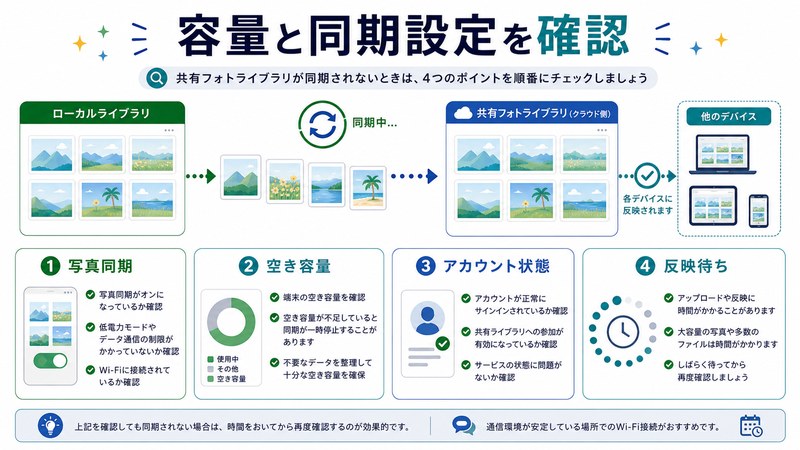 写真同期、空き容量、アカウント状態、反映待ちを整理した日本語図解