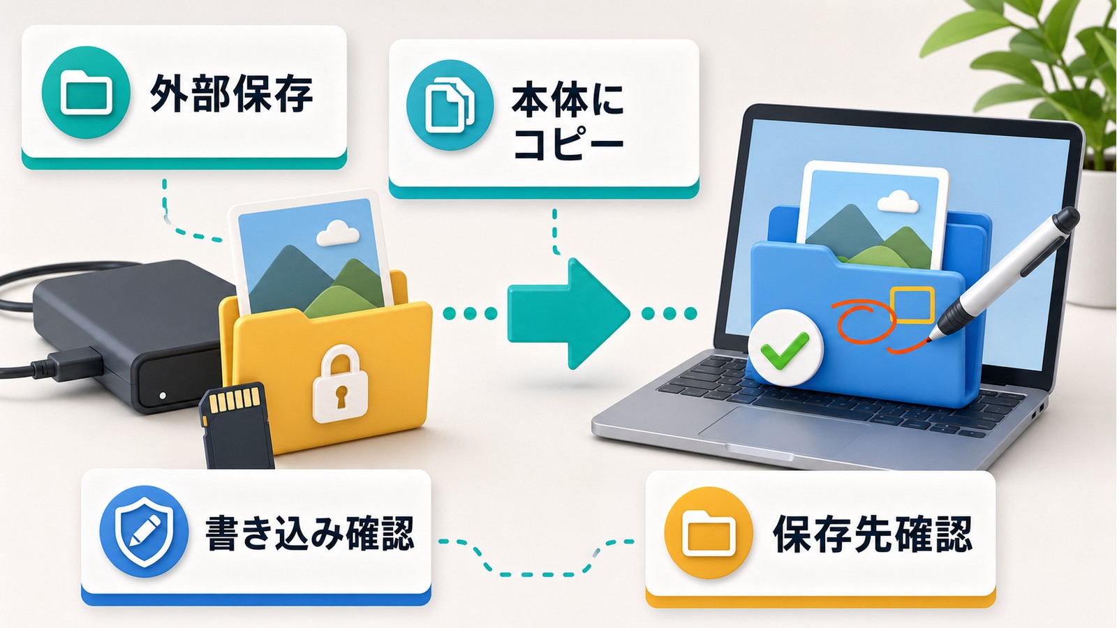 外部ストレージ内の画像を本体にコピーし書き込み確認と保存先確認を行う図解