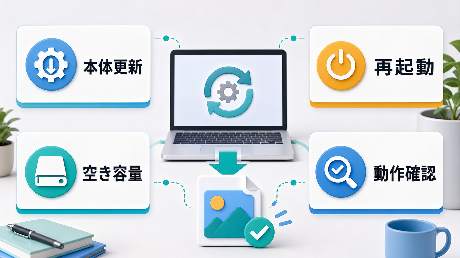 Mac本体をアップデートする前に空き容量を確認し再起動後にプレビューの動作確認をする図解