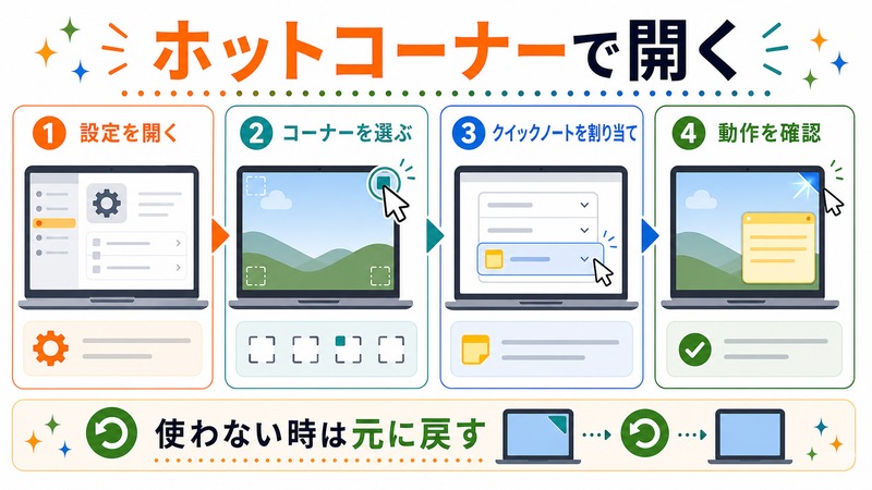 設定を開き、コーナーを選び、クイックノートを割り当て、動作を確認し、使わない時は元に戻す流れを示す日本語図解