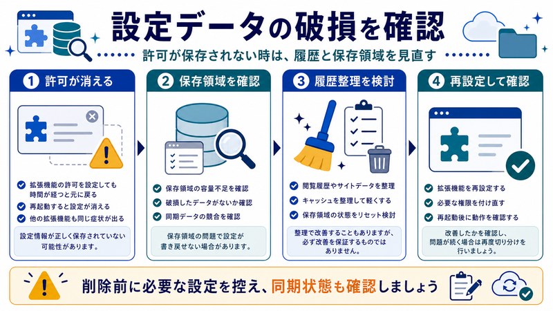 許可が消える、保存領域、履歴整理、再設定確認を整理した日本語図解