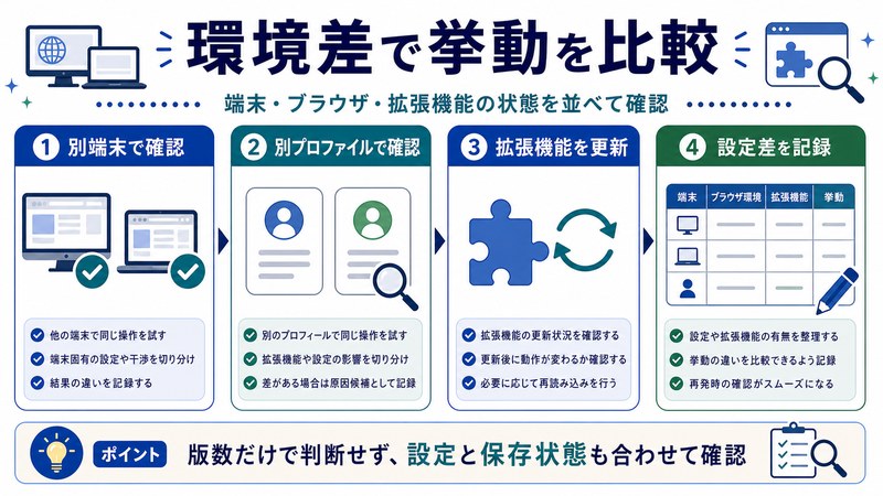 別端末、別プロファイル、拡張機能更新、設定差記録を整理した日本語図解