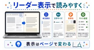 本文表示、文字サイズ、背景色、サイト設定を整理し、表示はページで変わることを示す日本語アイキャッチ画像