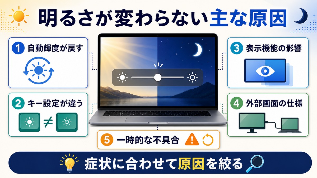 Macの明るさが変わらない主な原因を自動輝度やキー設定などに分けて示す図