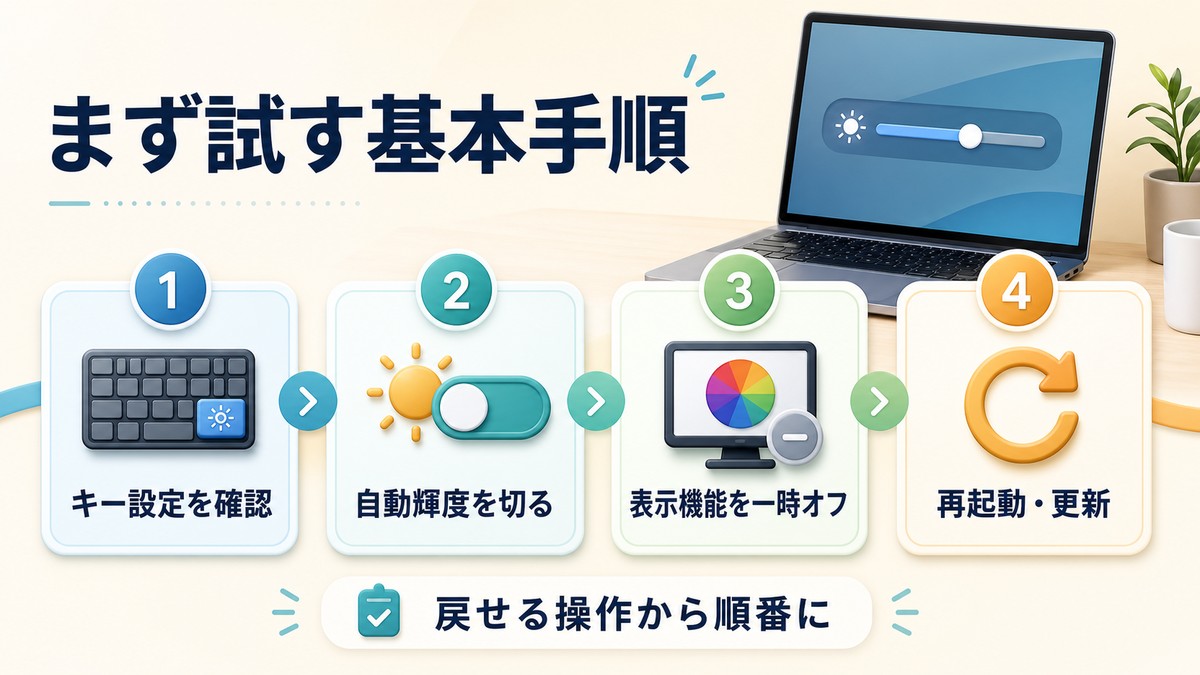 Macの明るさ調整を直すためにキー設定、自動輝度、表示機能、再起動更新を順番に試す図