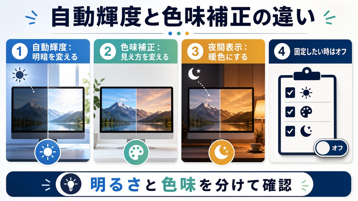 自動輝度と色味補正と夜間表示の違いを分けて確認する図