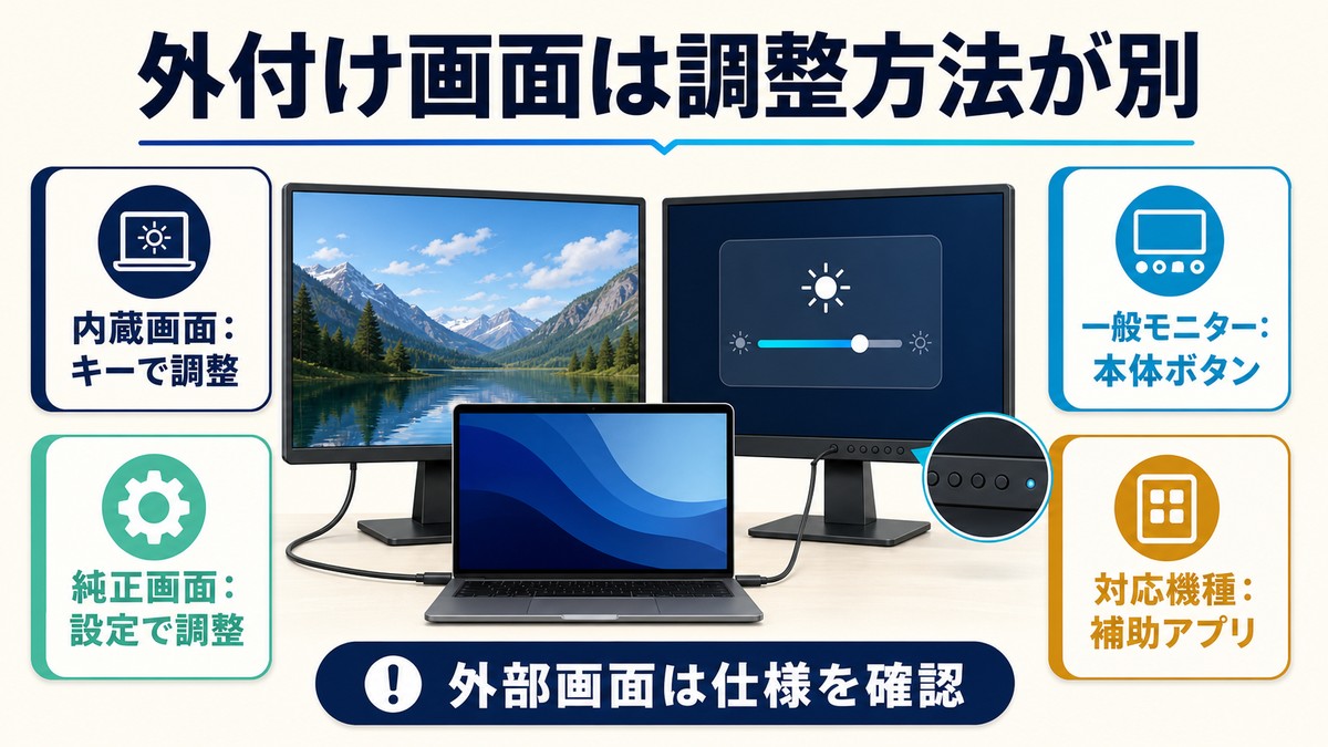 Macの内蔵画面と外付けモニターで明るさの調整方法が異なることを示す図