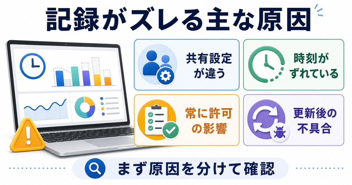 使用時間の記録がずれる原因を共有設定時刻常に許可更新後の不具合に分けて整理した日本語図解