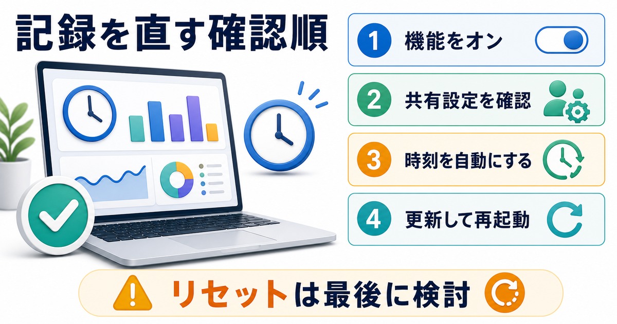 使用時間の記録を機能オン共有設定時刻自動更新再起動の順に確認する日本語図解