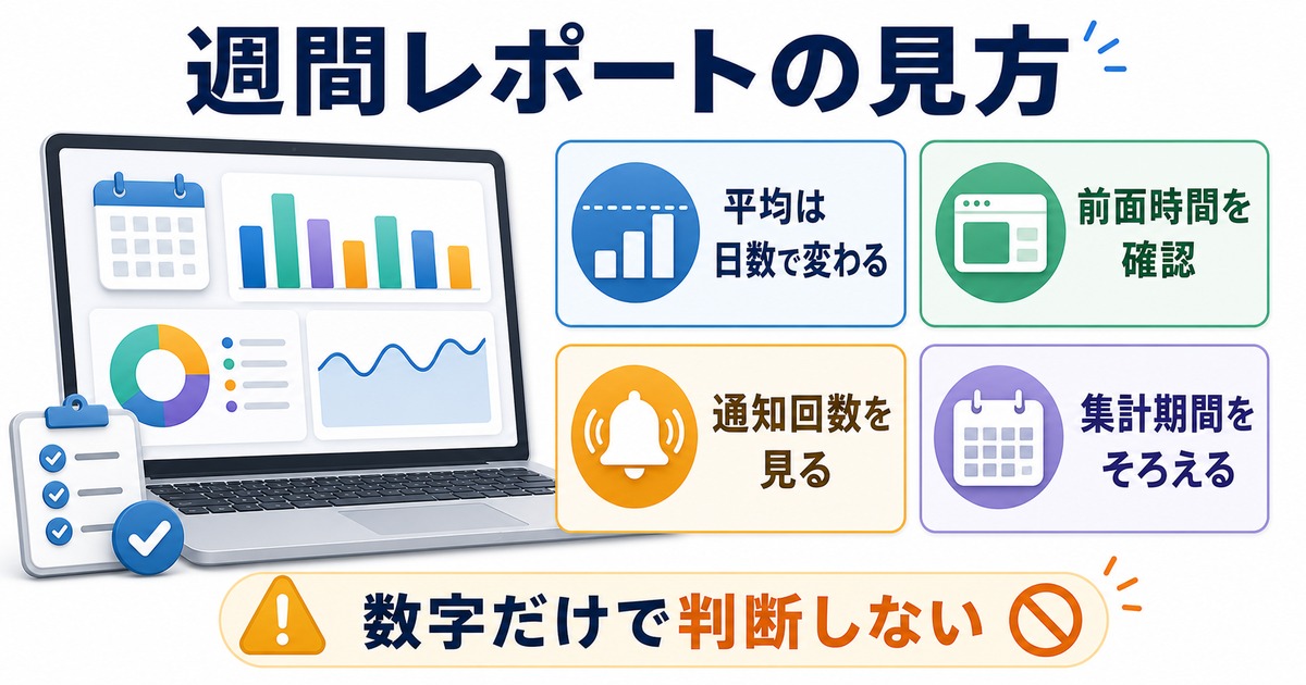 週間レポートの平均前面時間通知回数集計期間の見方を整理した日本語図解