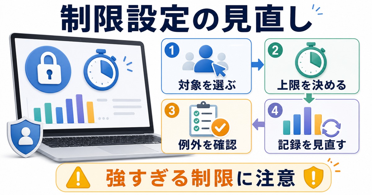 制限設定を対象上限例外記録見直しの順に整理した日本語図解