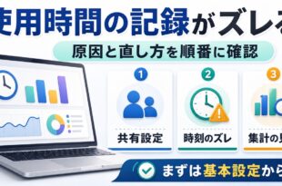使用時間の記録がずれる原因と直し方を共有設定時刻のずれ集計の見方に分けて整理した日本語アイキャッチ画像