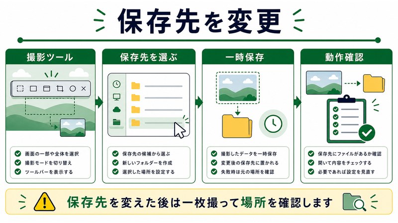 撮影ツール、保存先を選ぶ、一時保存、動作確認を整理した日本語図解