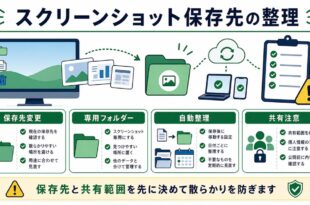 保存先変更、専用フォルダー、自動整理、共有注意を整理した日本語アイキャッチ画像
