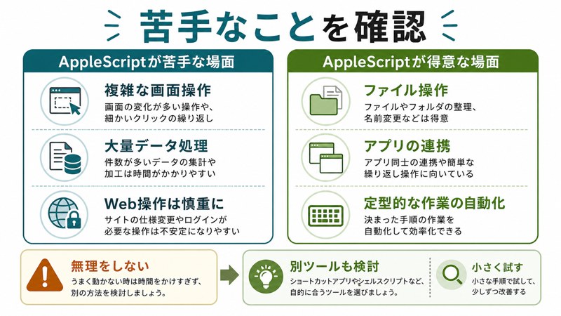複雑な画面操作、大量データ処理、Web操作は慎重に、別ツール検討、小さく試す流れを整理した日本語図解