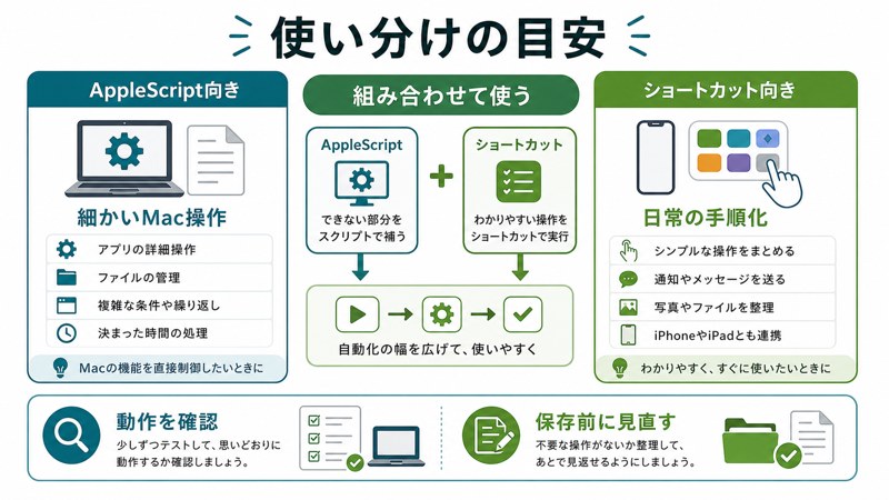 細かいMac操作、日常の手順化、組み合わせ、動作確認、保存前の見直しを整理した日本語図解