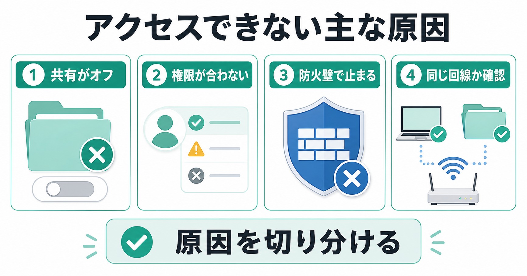 Macの共有フォルダにアクセスできない時に共有オフ権限不一致防火壁同じ回線かの4点を切り分ける図解