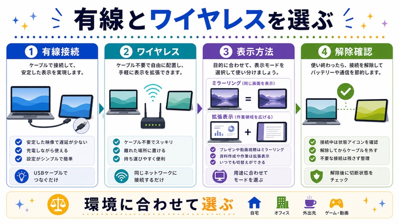 有線接続、ワイヤレス、表示方法、解除確認を環境に合わせて選ぶ日本語図解