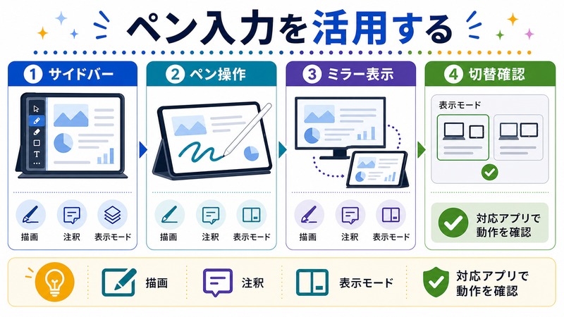 サイドバー、ペン操作、ミラー表示、切替確認を対応アプリで確認する日本語図解