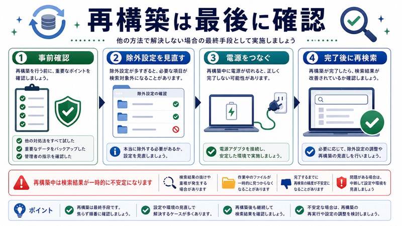 事前確認、除外設定見直し、電源接続、完了後の再検索を整理した日本語図解