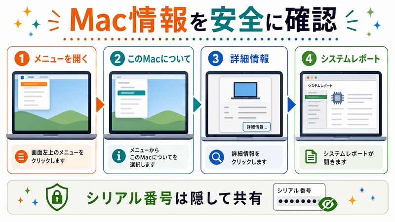 メニュー、このMacについて、詳細情報、システムレポートを開き、シリアル番号は隠して共有する流れを示す日本語図解